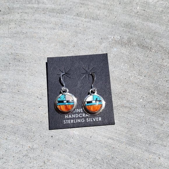 Native American Zuni Women's Sun Face Handmade Dangle Earrings Sterling Silver - Picture 5 of 6